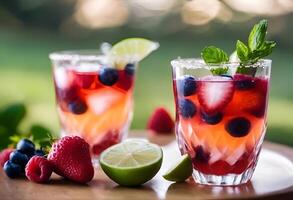 ai gegenereerd fruit en water. veelkleurig bevroren ijs drinken gemaakt van sap. zoet en heel verkoudheid fruit limonade. een verscheidenheid met verschillend cocktail smaken. fruit smoothies in plastic foto