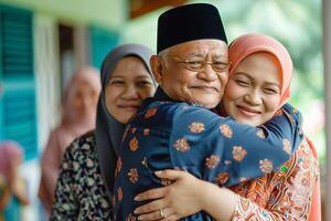 ai gegenereerd gelukkig Aziatisch moslim familie online groet vieren lang afstand met neef op zoek Bij camera video telefoontje Ramadan avondeten samen Bij huis foto
