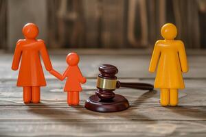 ai gegenereerd familie figuur en rechter hamer Aan houten tafel. familie wet concept foto