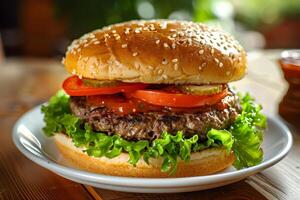 ai gegenereerd Hamburger met rundvlees pasteitje, kaas, en groenten Aan de tafel foto