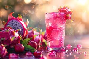 ai gegenereerd glas van draak fruit sap Aan tafel in cafe, detailopname. foto