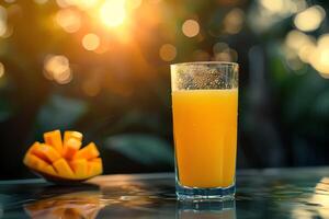 ai gegenereerd glas van mango sap is Aan de tafel. detailopname foto