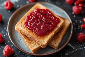 ai gegenereerd toast met fruit jam Aan keuken tafel professioneel reclame voedsel fotografie foto