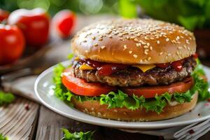 ai gegenereerd Hamburger met rundvlees pasteitje, kaas, en groenten Aan de tafel foto
