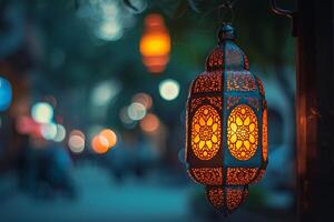 ai gegenereerd Ramadan lantaarn breed banier achtergrond foto