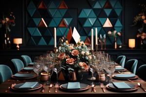 ai gegenereerd modern elegant evenement tafel en bestek instelling in een minimalistische stijl reclame voedsel fotografie foto