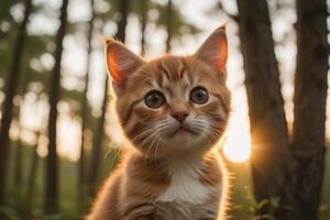 ai gegenereerd filmische humeur gouden uur zonsondergang en aanbiddelijk katje portret gegenereerd door ai foto