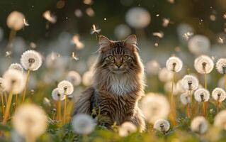 ai gegenereerd kat in een veld- met paardebloemen foto
