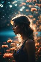 ai gegenereerd dromerig vrouw in silhouet, kosmisch bloemen aura foto