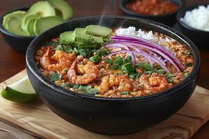 ai gegenereerd pozole Mexicaans voedsel in de keuken tafel professioneel reclame voedsel fotografie foto