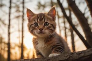 ai gegenereerd filmische humeur gouden uur zonsondergang en aanbiddelijk katje portret gegenereerd door ai foto