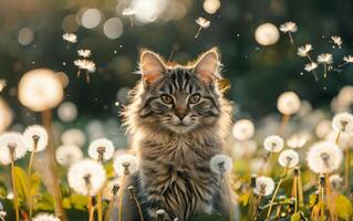 ai gegenereerd kat in een veld- met paardebloemen foto