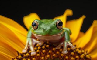 ai gegenereerd kikker zittend Aan zonnebloem foto