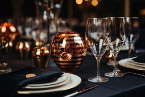 ai gegenereerd modern elegant evenement tafel en bestek instelling in een minimalistische stijl reclame voedsel fotografie foto