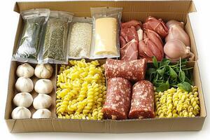 ai gegenereerd divers voedsel items in karton doos reclame voedsel fotografie foto