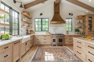 ai gegenereerd interieur ontwerp van een modern boerderij keuken met houten kasten en drijvend schappen stijl fotografie foto