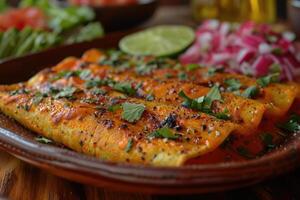 ai gegenereerd enchiladas Mexicaans voedsel in de keuken tafel professioneel reclame voedsel fotografie foto