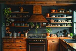 ai gegenereerd interieur ontwerp van een modern boerderij keuken met houten kasten en drijvend schappen stijl fotografie foto