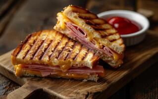 ai gegenereerd gegrild geroosterd brood belegd broodje met gerookt ham foto