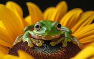 ai gegenereerd kikker zittend Aan zonnebloem foto