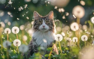 ai gegenereerd kat in een veld- met paardebloemen foto