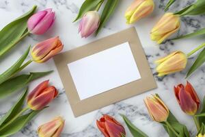 ai gegenereerd top visie van blanco wit kaart met tulpen Aan marmeren tafel. feestelijk bloemen achtergrond met kopiëren ruimte. groet kaart voor vrouwen moeder dag en andere lente vakantie. van bloemen foto