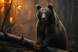 ai gegenereerd bruin beer zittend Aan boom in herfst Woud foto