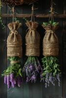 ai gegenereerd drie trossen van lavendel hangende Aan houten muur foto