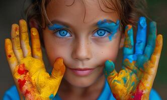 ai gegenereerd weinig meisje met blauw ogen is tonen haar handen met verf Aan hen foto