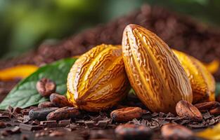 ai gegenereerd cacao bonen en cacao peul Aan blad met ongericht achtergrond foto