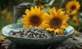 ai gegenereerd zonnebloemen en zonnebloem zaden in kom foto