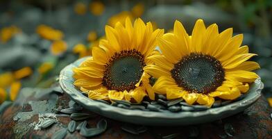 ai gegenereerd zonnebloemen in schaal. een bord van zonnebloem zaden en zonnebloemen zijn gezien foto