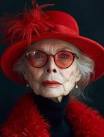 ai gegenereerd elegant oud vrouw in rood hoed en bril foto