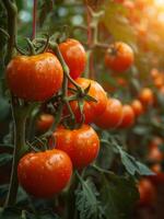 ai gegenereerd rijp rood tomaten toenemen Aan Afdeling in kas foto