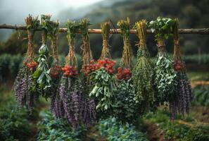 ai gegenereerd vers kruiden en bloemen hangende Aan touw naar droog in de tuin foto