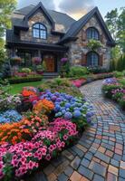 ai gegenereerd mooi huis met steen loopbrug en kleurrijk bloemen. foto