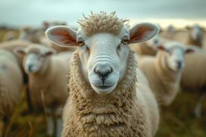 ai gegenereerd schapen staart Bij de camera met andere schapen in de achtergrond foto