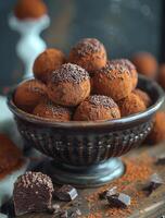 ai gegenereerd chocola truffels in schaal. een app met een foto van chocola truffels