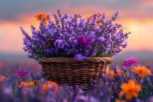 ai gegenereerd mand met lavendel en goudsbloemen in de zonsondergang foto