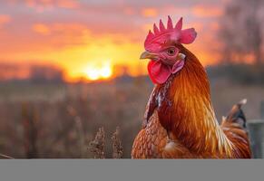 ai gegenereerd haan zittend Aan hek Bij zonsondergang foto