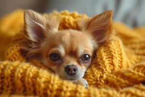 ai gegenereerd schattig chihuahua hond aan het liegen Aan deken Bij huis en op zoek Bij de camera foto