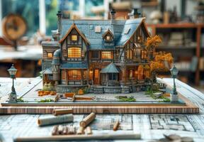 ai gegenereerd miniatuur huis Aan de tafel met boeken en potloden foto