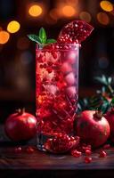 ai gegenereerd granaatappel cocktail met vers granaatappel fruit Aan houten tafel foto