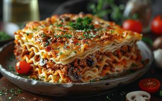 ai gegenereerd lasagne met fijngehakt vlees champignons tomaten kaas en pasta in metaal bord foto
