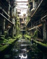 ai gegenereerd vastleggen de spookachtig schoonheid van verlaten industrieel ruimten foto
