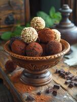 ai gegenereerd eigengemaakt chocola truffels in wijnoogst kom Aan houten tafel foto