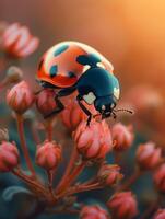 ai gegenereerd lieveheersbeestje Aan bloem in de zonsondergang foto