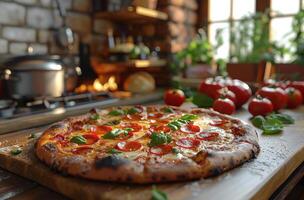 ai gegenereerd pizza en tomaten Aan houten tafel foto