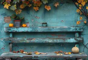 ai gegenereerd houten bank en muur met herfst bladeren foto