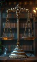 ai gegenereerd balans van gerechtigheid Aan houten bureau wet bibliotheek achtergrond foto